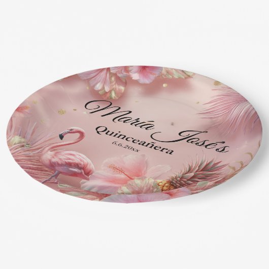 Tropische Flamingo Quinceañera, op maat Papieren Bordje (Gekanteld)