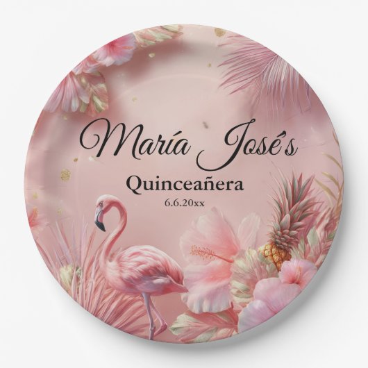 Tropische Flamingo Quinceañera, op maat Papieren Bordje (Voorkant)
