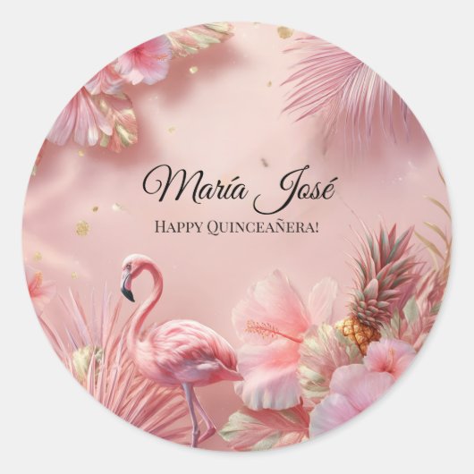 Tropische Flamingo Quinceañera, op maat Ronde Sticker (Voorkant)