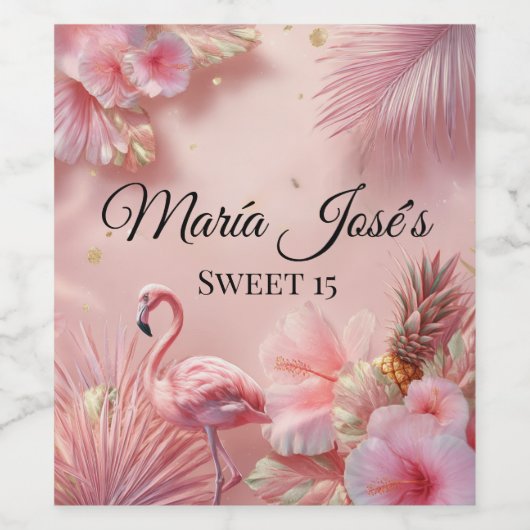 Tropische Flamingo Quinceañera, op maat Wijn Etiket (Enkel label)