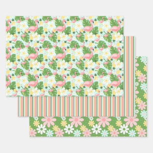 Tropische Flamingo Retro Daisy Flower Stripes Wrap Inpakpapier Vel