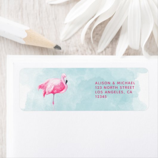 Tropische flamingo roze blauwe zomer bruiloft etiket (Insitu)