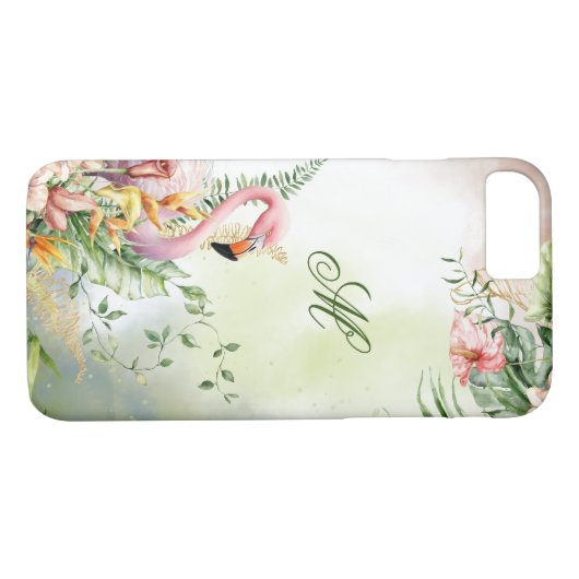 Tropische Flamingo Roze Bloemen Waterverf Monogram Case-Mate iPhone Case (Achterkant (Horizontaal))