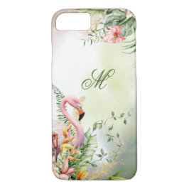 Tropische Flamingo Roze Bloemen Waterverf Monogram iPhone 8/7 Hoesje