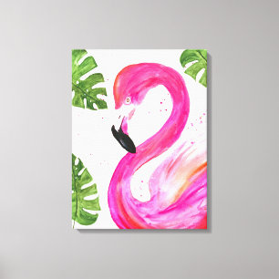Tropische Flamingo roze palmbladeren Groene kunst Canvas Afdruk