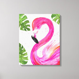 Tropische Flamingo roze palmbladeren Groene kunst  Canvas Afdruk