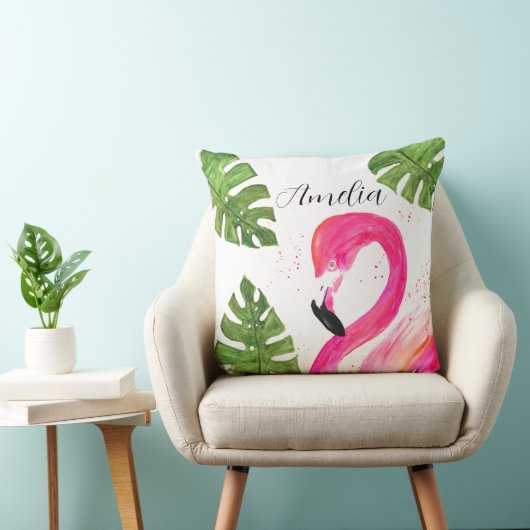 Tropische Flamingo roze palmbladeren Groene kunst  Kussen (Stoel)