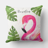 Tropische Flamingo roze palmbladeren Groene kunst  Kussen (Achterkant)
