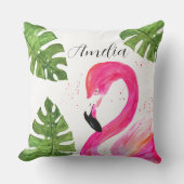 Tropische Flamingo roze palmbladeren Groene kunst  Kussen (Voorkant)
