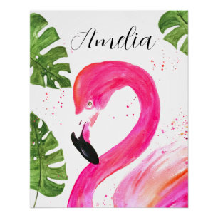 Tropische Flamingo roze palmbladeren Groene kunst Perfect Poster
