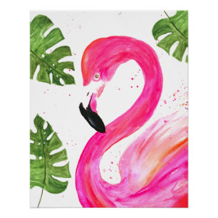 Tropische Flamingo roze palmbladeren Groene kunst  Perfect Poster