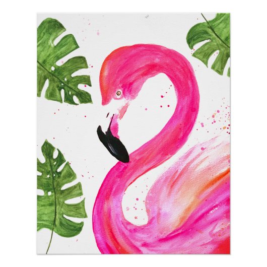Tropische Flamingo roze palmbladeren Groene kunst  Perfect Poster (Voorkant)