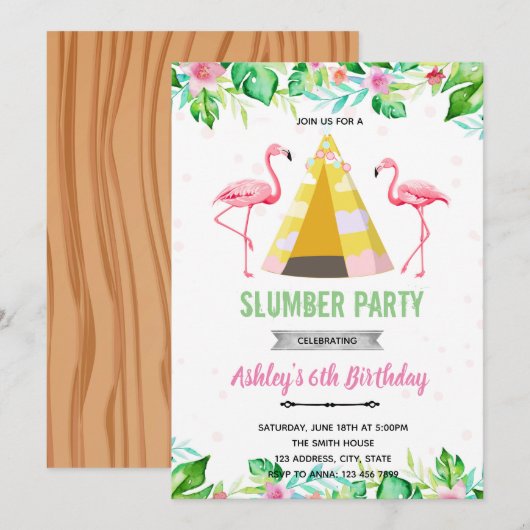 Tropische flamingo sleepover uitnodiging (Voorkant / Achterkant)