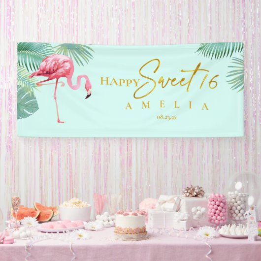 Tropische Flamingo Sweet 16 Happy Birthday ID922 Spandoek (Feest)