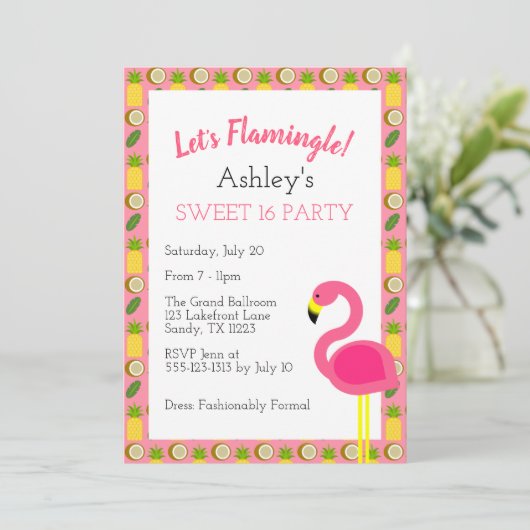 Tropische Flamingo Sweet 16 Verjaardag Uitnodiging (Staand voorkant)