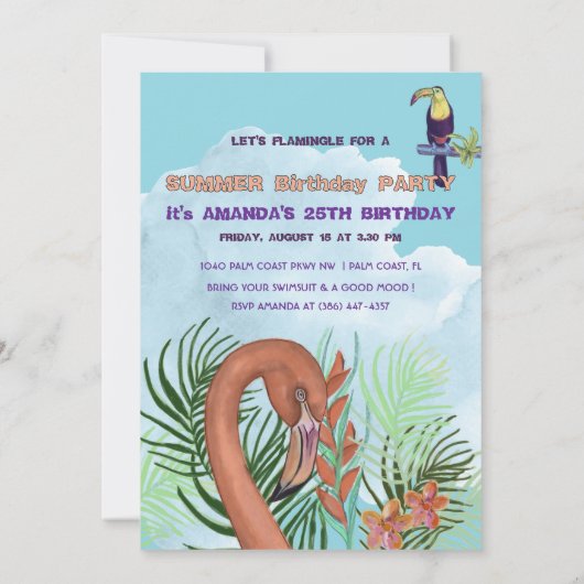 Tropische Flamingo & Toucan Verjaardag Uitnodiging (Achterkant)