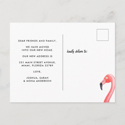 Tropische Flamingo Verhuisd Nieuw Adres Florida Ve Aankondigingskaart (Achterkant)