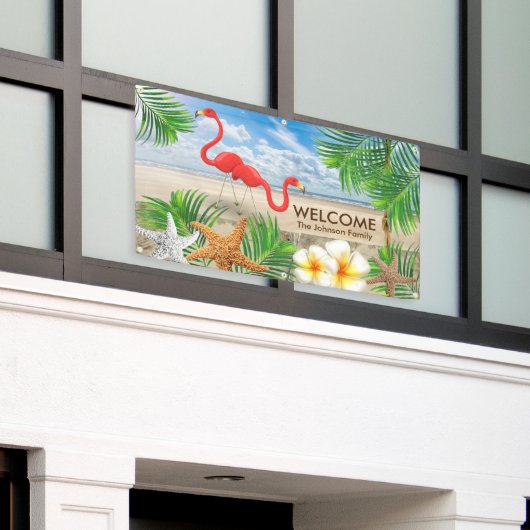 Tropische Flamingo Vogels in paradijs Welkomsontwe Spandoek (Buitenkant Gebouw)