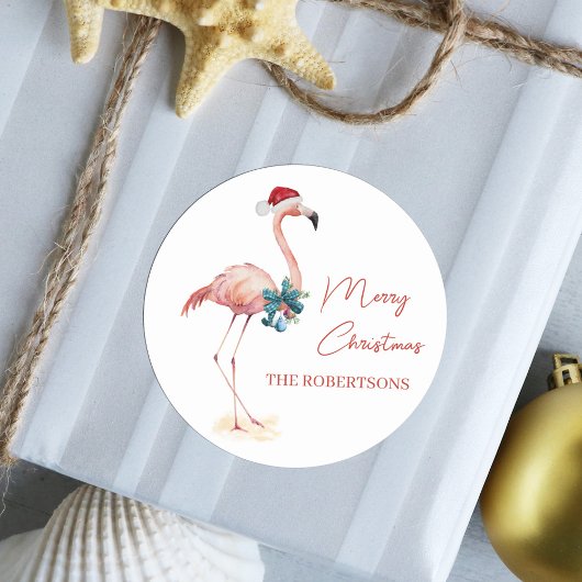 Tropische flamingo vrolijk kerstfeest ronde sticker