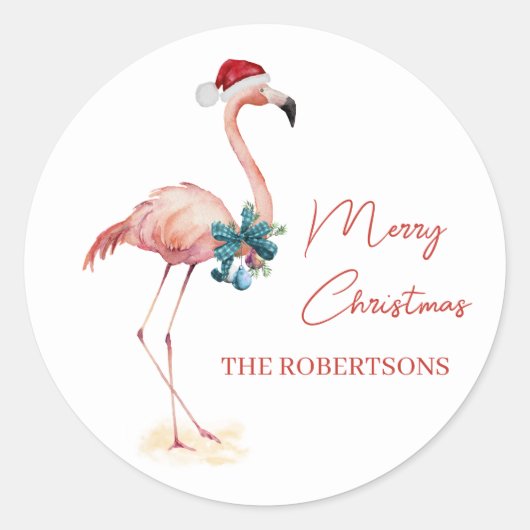 Tropische flamingo vrolijk kerstfeest ronde sticker (Voorkant)