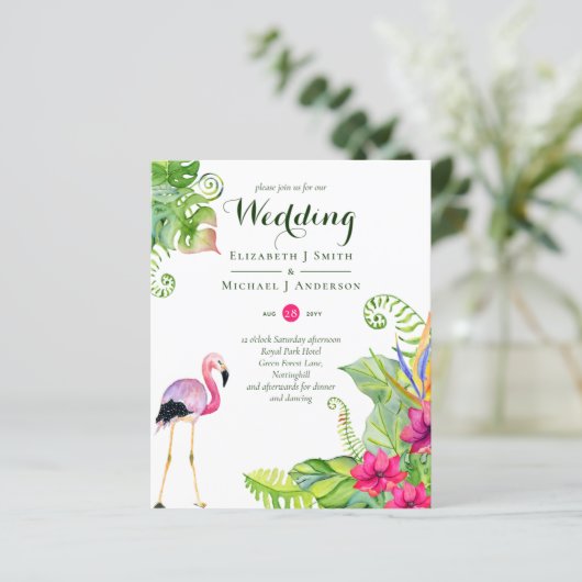 Tropische Flamingo Wedding nodigt Fuchsia Ginger u (Staand voorkant)