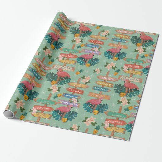 Tropische Flamingo Winter Cadeaupapier (Uitgerold)