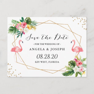 Tropische Flamingo's Bloemen Bruiloft Save the Dat Aankondigingskaart