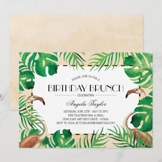 Tropische Flamingos Blush Birthday Kaart (Voorkant / Achterkant)