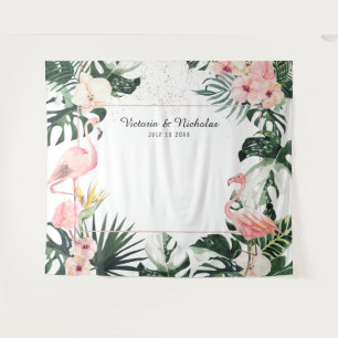 Tropische Flamingo's Bruiloft Foto Booth Achtergro Wandkleed