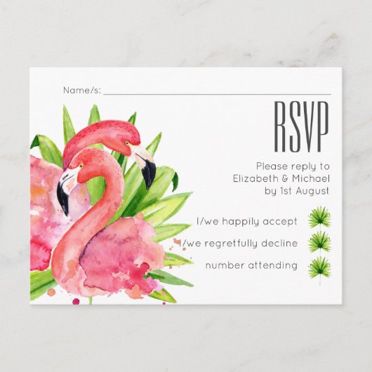 Tropische Flamingo's Bruiloft RSVP Briefkaart (Voorkant)