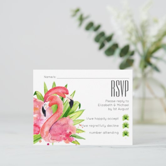 Tropische Flamingo's Bruiloft RSVP Briefkaart (Staand voorkant)