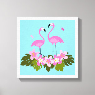 Tropische Flamingo's en Bloem Illustratie Canvas Afdruk