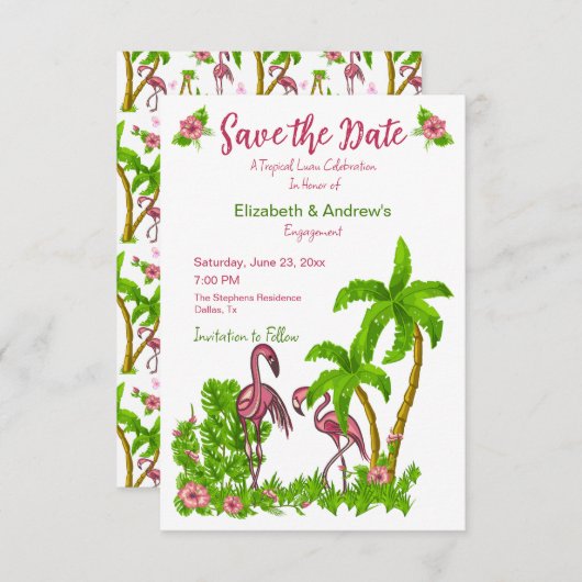 Tropische Flamingo's en Bloemen Bewaar de Datum Ui Kaart (Voorkant / Achterkant)