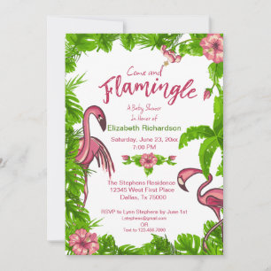 Tropische Flamingo's en Bloemen Uitnodiging