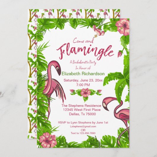 Tropische Flamingo's en Bloemen Uitnodiging (Voorkant / Achterkant)
