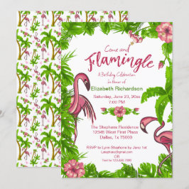 Tropische Flamingo's en Bloemen Uitnodiging