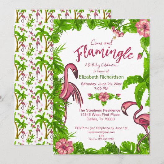 Tropische flamingos en Flowers Invitation Kaart (Voorkant / Achterkant)