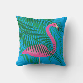 Tropische flamingo's en palmbladeren op blauwe hem kussen