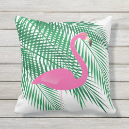 Tropische flamingo's en palmbladeren op wit - buit buitenkussen