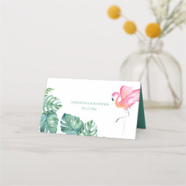 Tropische flamingo's en Waterverf Greenery Wedding Plaatskaartje