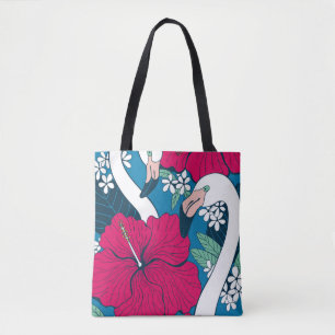 Tropische flamingo's: Hibiscus plumeria achtergron Tote Bag