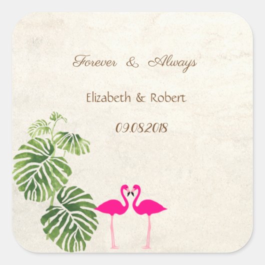Tropische Flamingo's Huwelijk Vierkante Sticker (Voorkant)