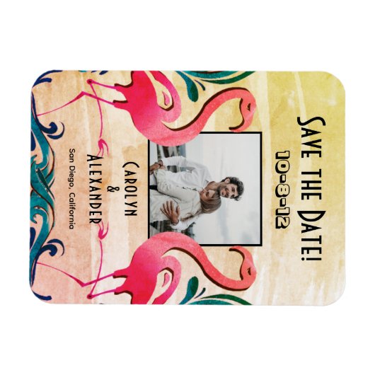 Tropische Flamingos Photo Weddenschap Save the Dat Magneet (Horizontaal)