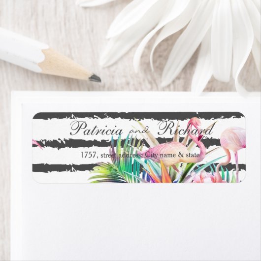 Tropische flamingos strepen huwelijksontwerp etiket (Insitu)