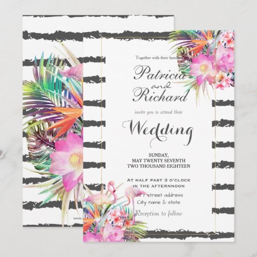 Tropische flamingos strepen huwelijksontwerp kaart (Voorkant / Achterkant)