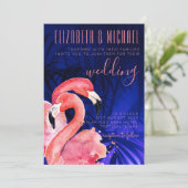 Tropische Flamingo's Trouw Uitnodiging Roze Blauw (Staand voorkant)