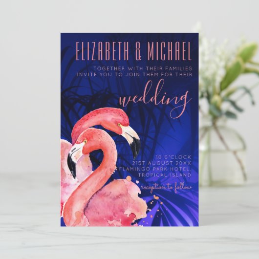 Tropische Flamingo's Trouw Uitnodiging Roze Blauw (Staand voorkant)