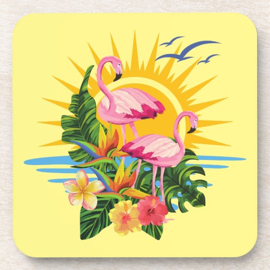 Tropische Flamingo's Zonneschijn en Bloemen Bier Onderzetter (Voorkant)