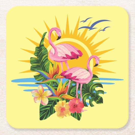 Tropische Flamingo's Zonneschijn en Bloemen Kartonnen Onderzetters (Voorkant)
