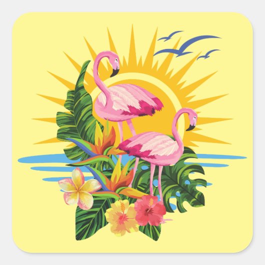 Tropische Flamingo's Zonneschijn en Bloemen Vierkante Sticker (Voorkant)